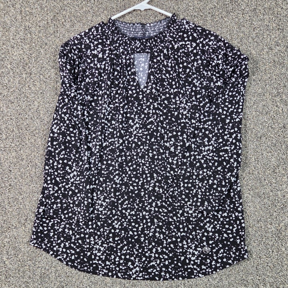 Adrienne Vittadini Blouse Women XL Black White‎ Splatter Smocked Keyhole Top
